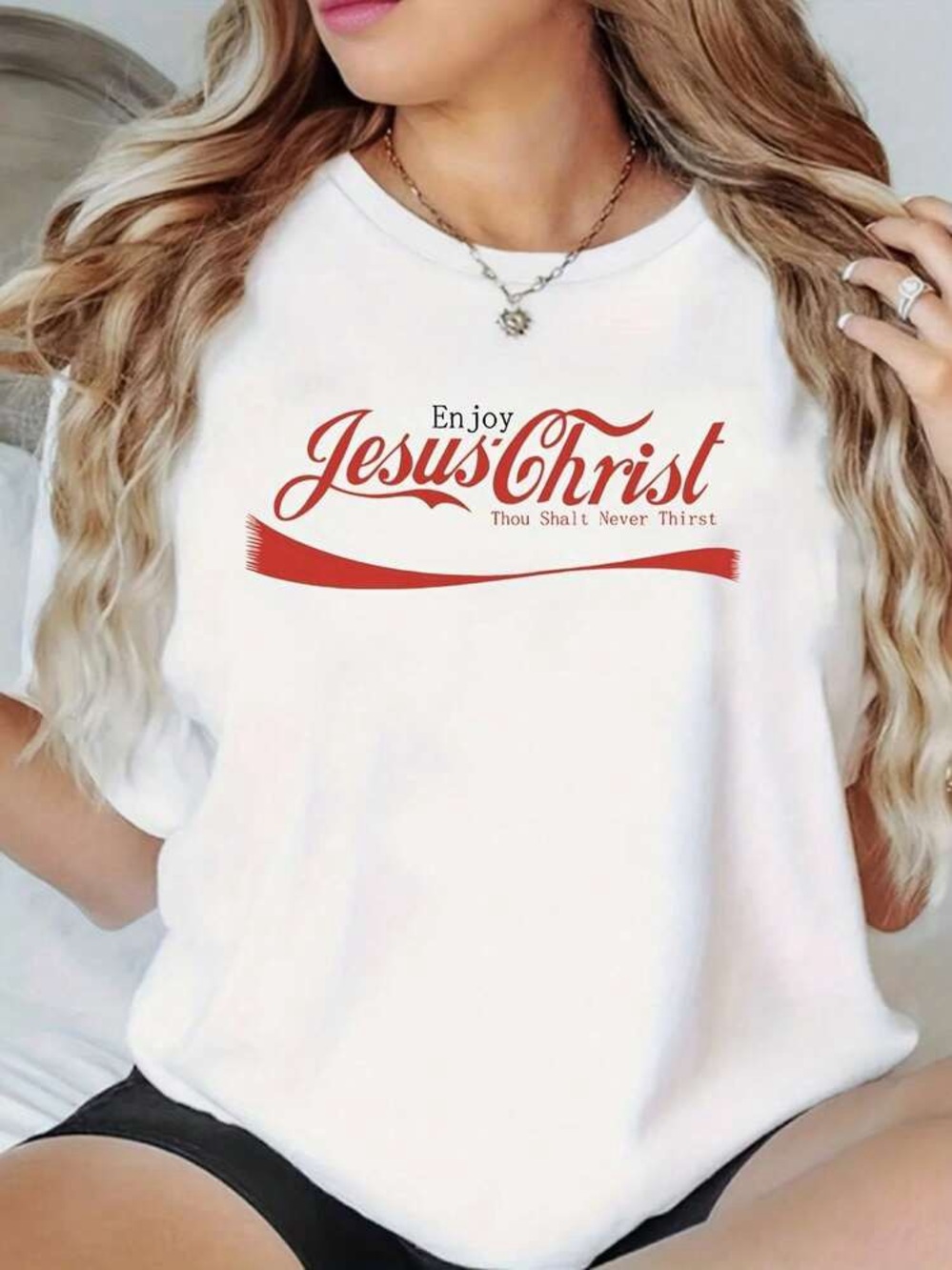 SHEIN Enjoy Jesus Christ White Graphic Tee-EUC